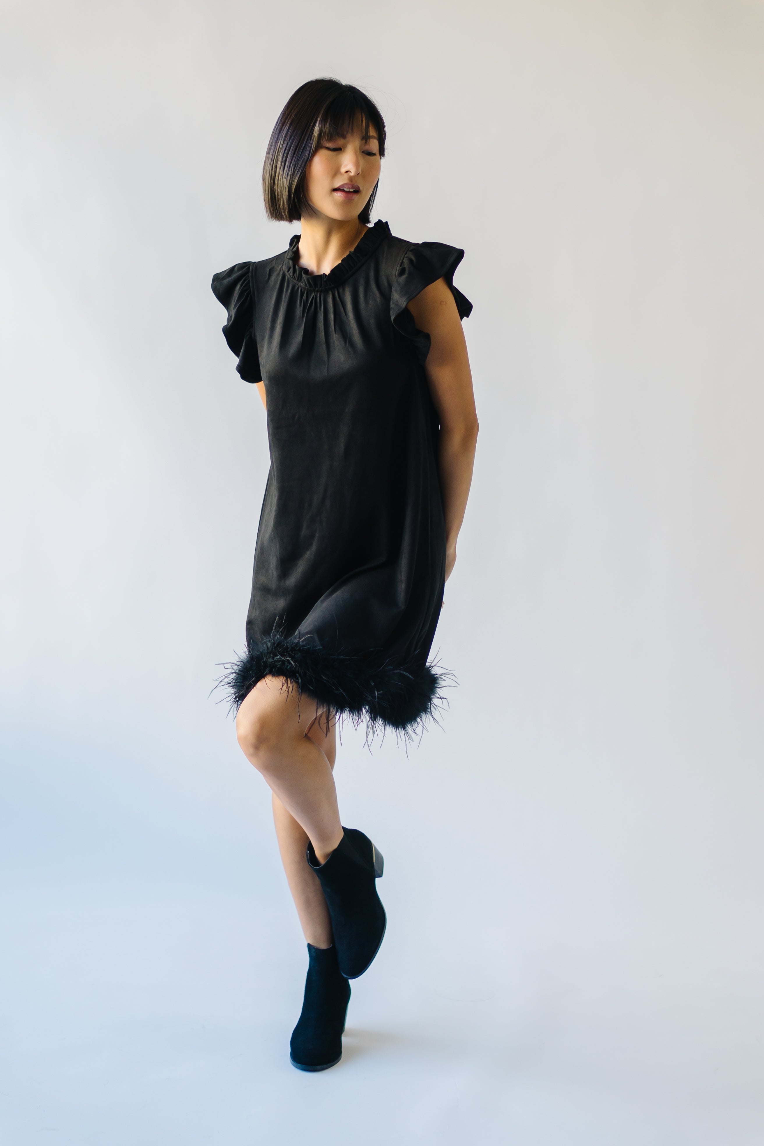 Pressler Fur Detailed Black Suede Dress