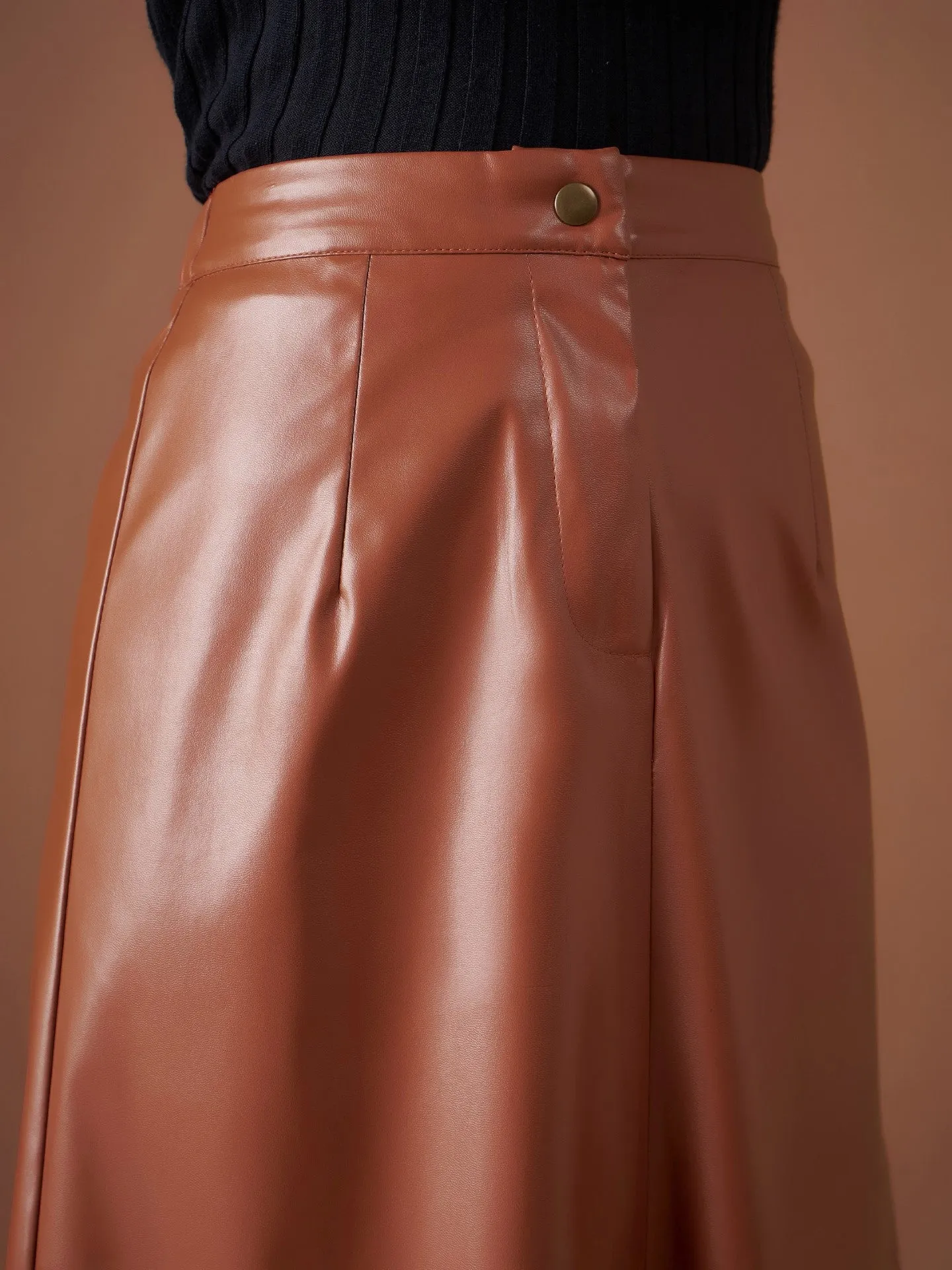 PU A-Line Below Knee Skirt in Brown for Women