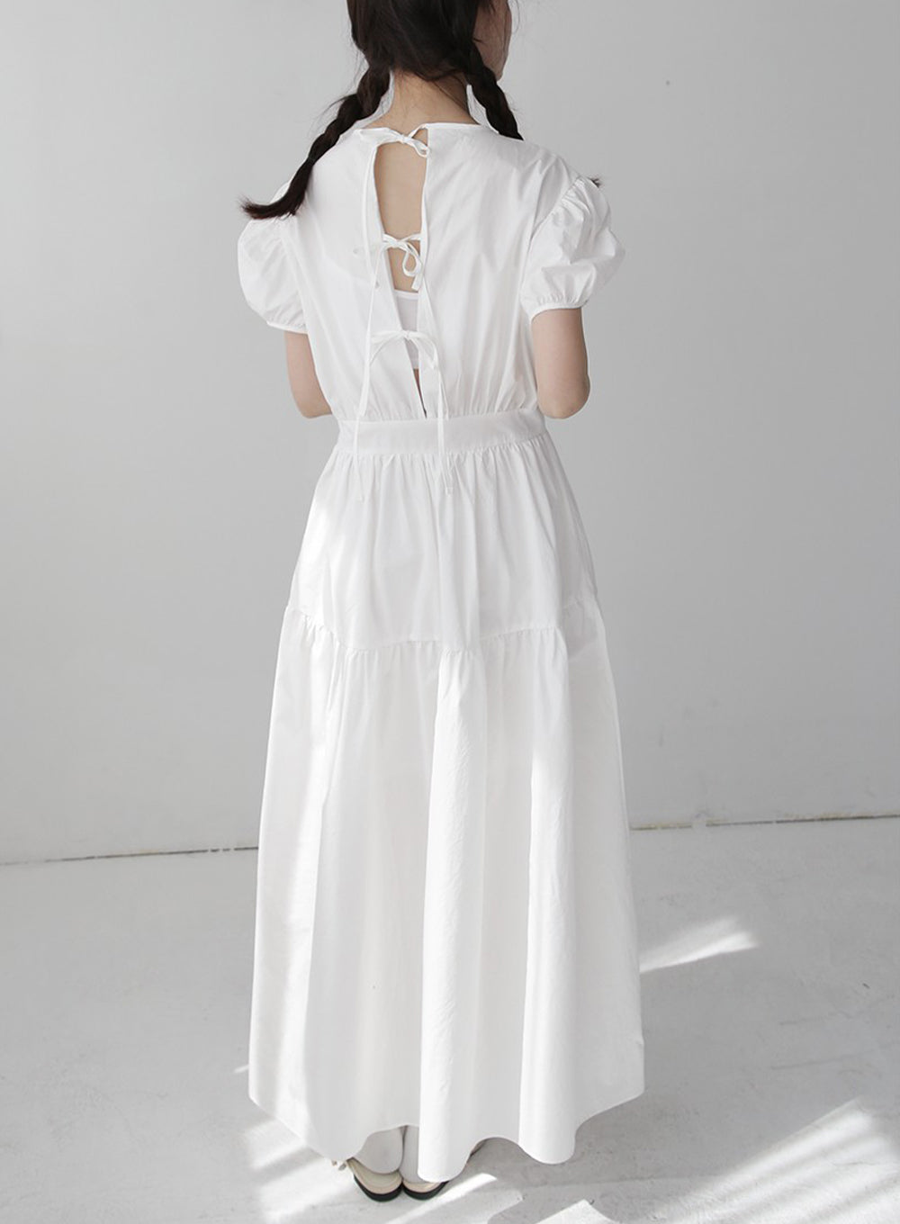 Puff Sleeve Ribbon Back Dress