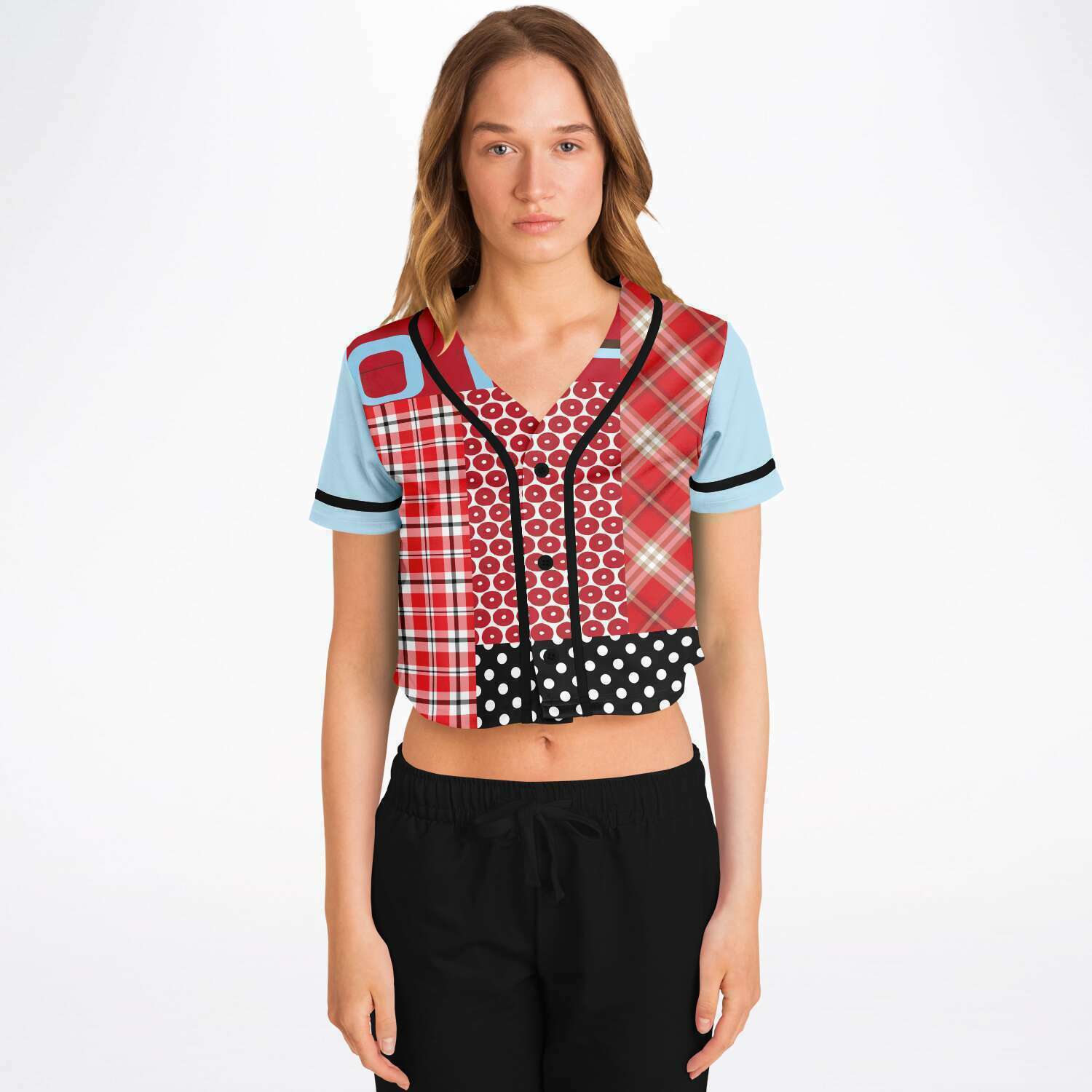 Red Cropped Button Front Jersey, Pacific Palisades Geo Pattern