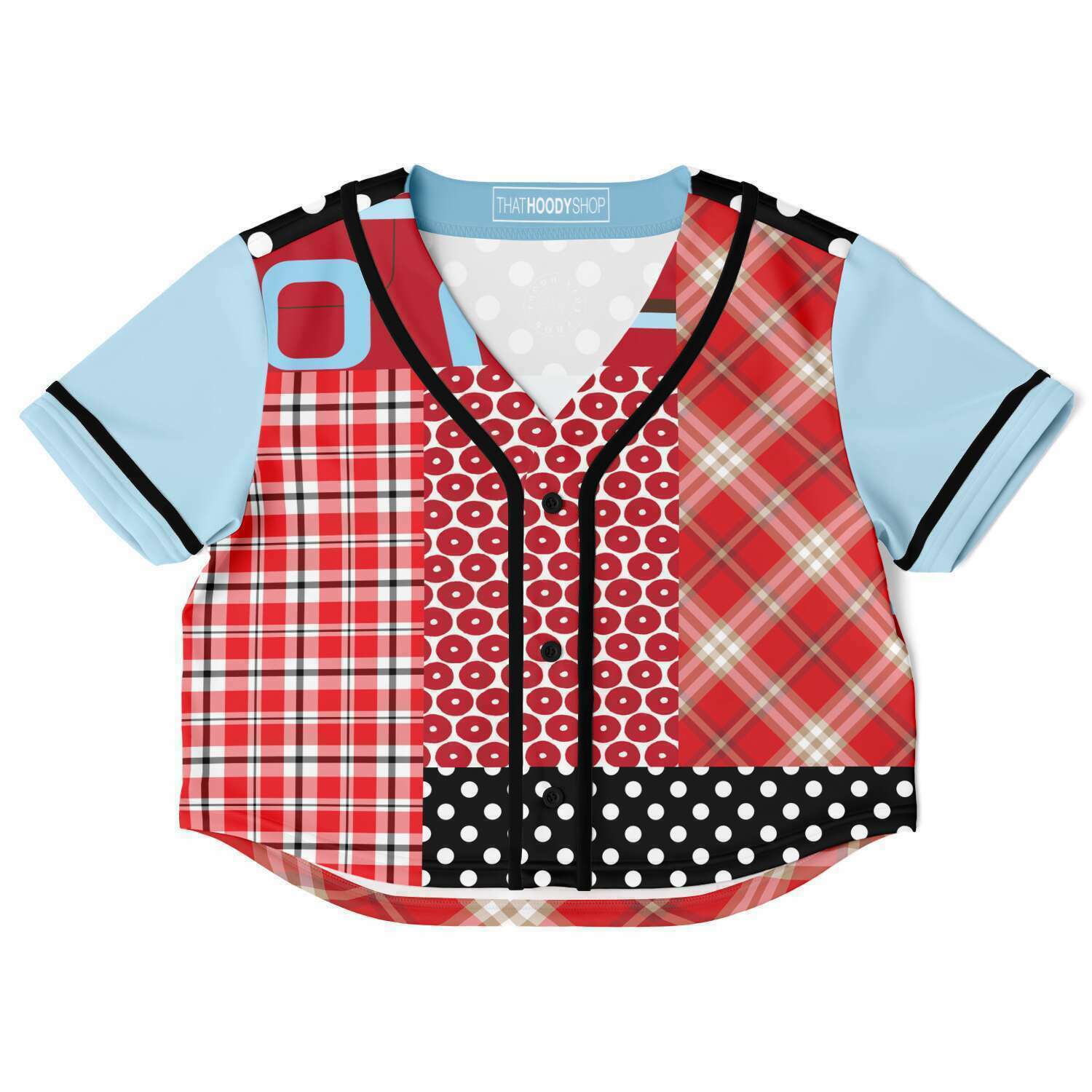 Red Cropped Button Front Jersey, Pacific Palisades Geo Pattern