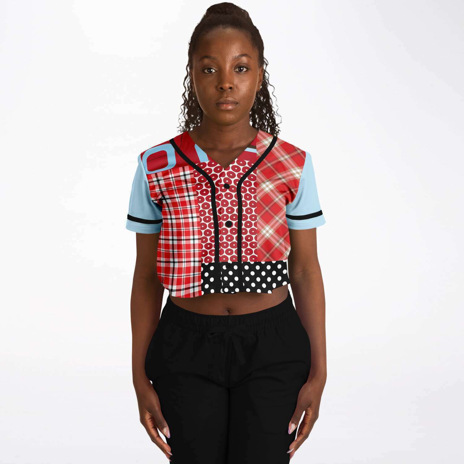 Red Cropped Button Front Jersey, Pacific Palisades Geo Pattern