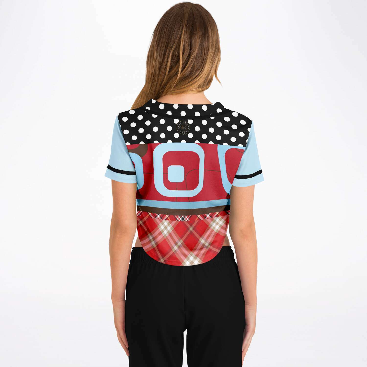 Red Cropped Button Front Jersey, Pacific Palisades Geo Pattern