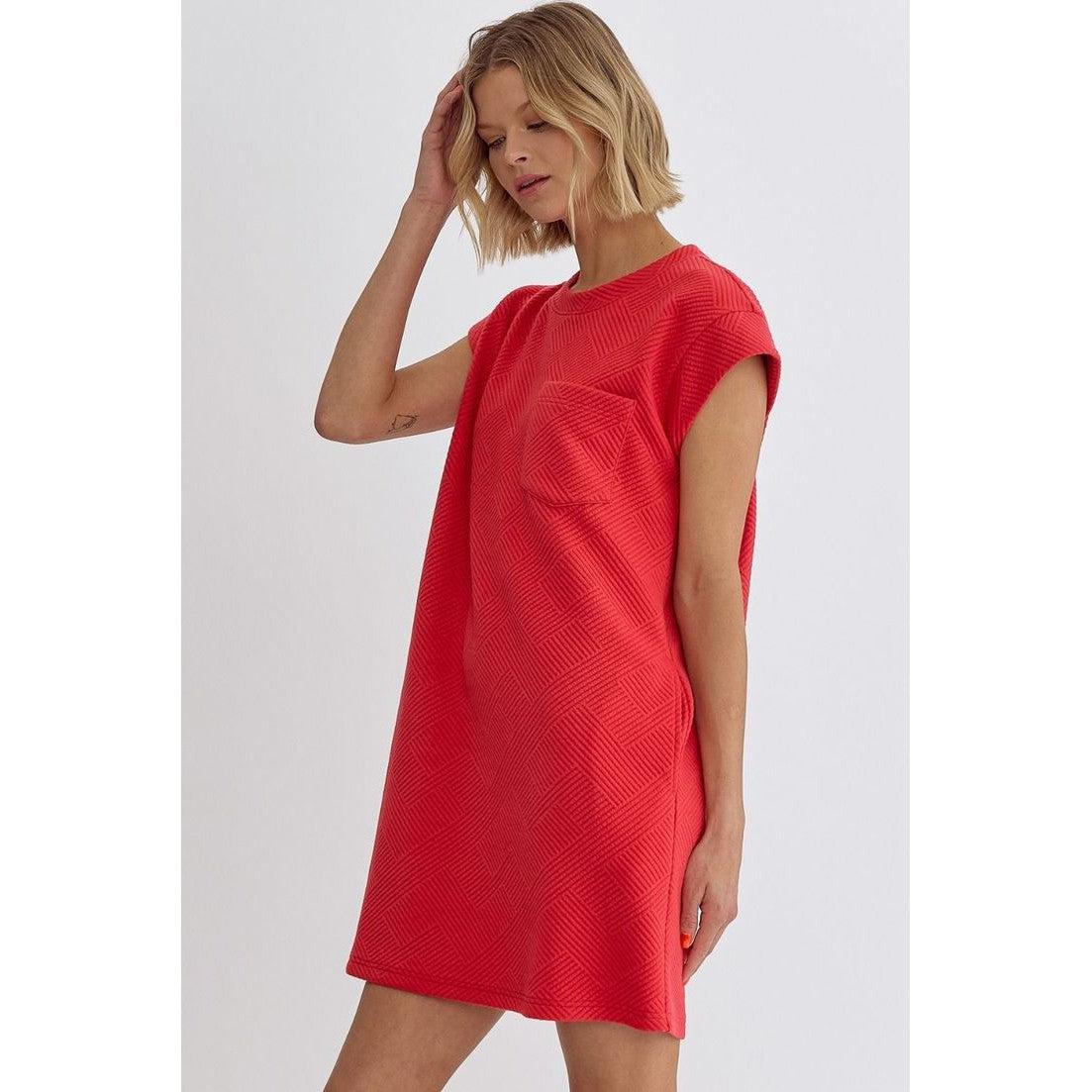 Red Textured Pocket Dress (S-2X)