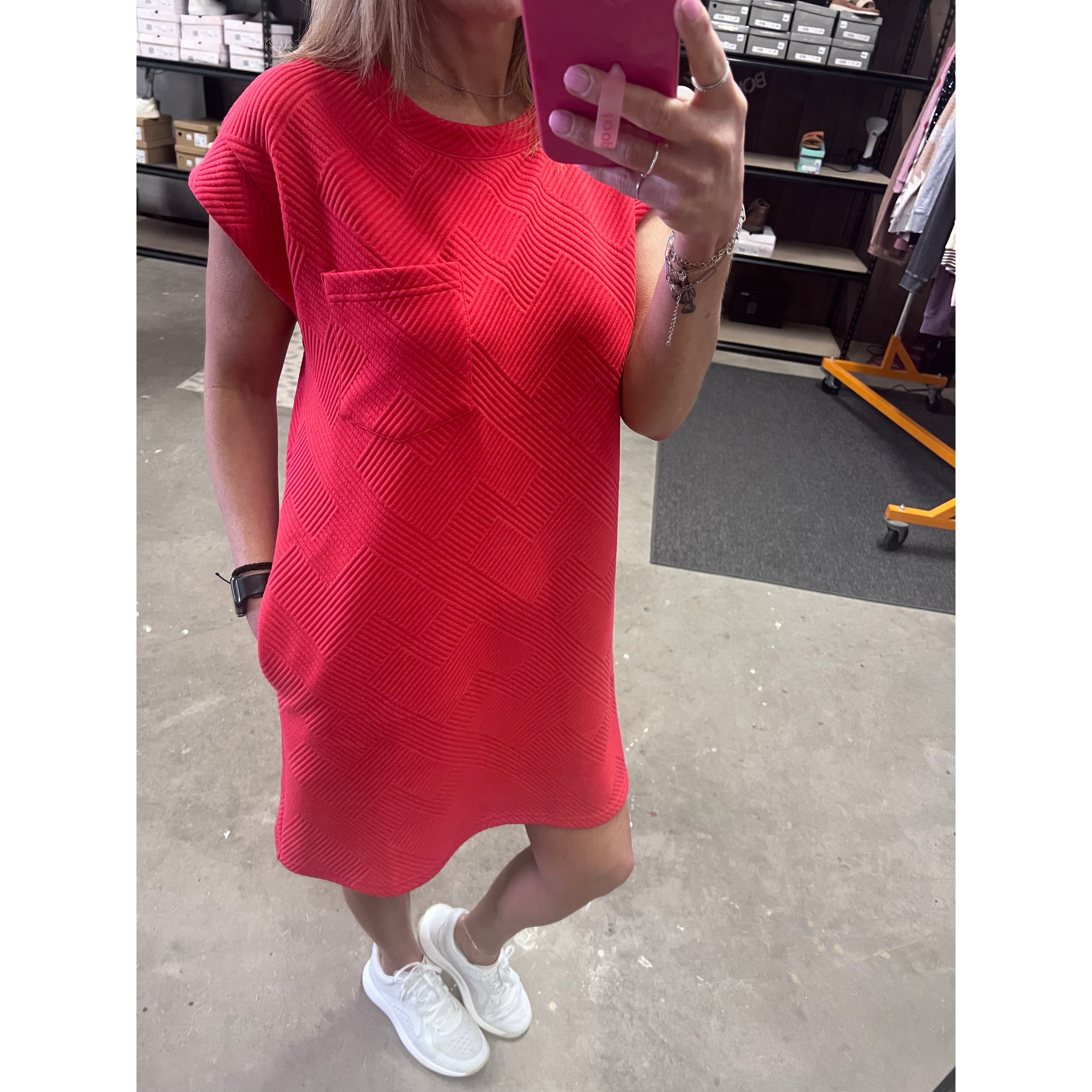 Red Textured Pocket Dress (S-2X)