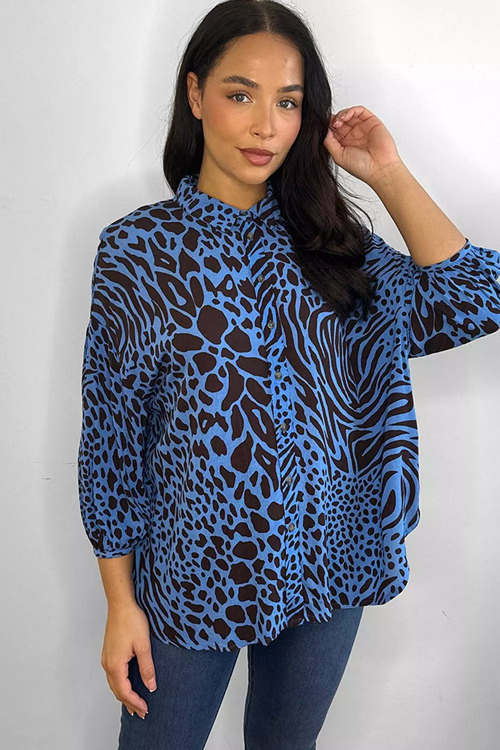 Royal Blue Animal Print Chiffon Blouse Shirt