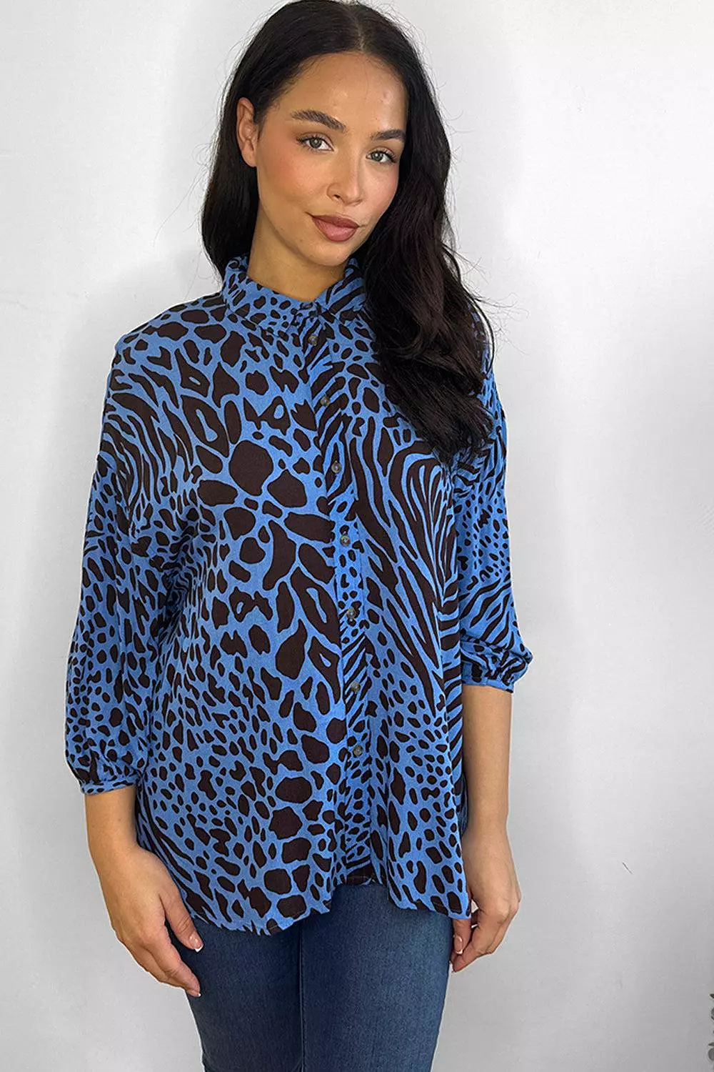 Royal Blue Animal Print Chiffon Blouse Shirt