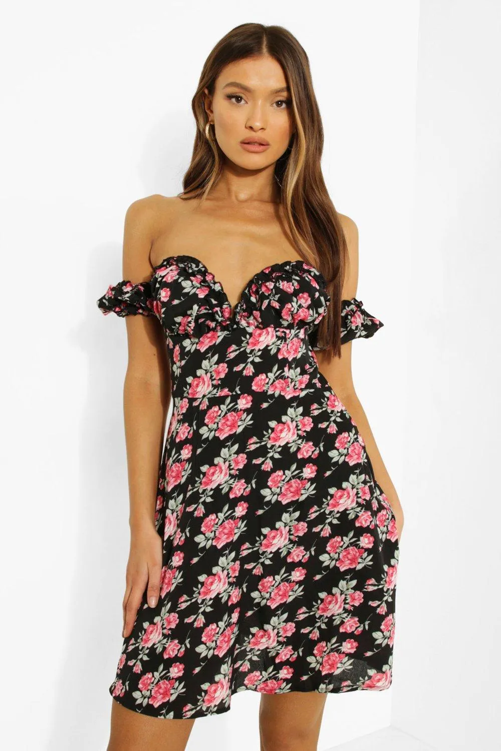 Ruffle Mini Dress with Ditsy Floral Corset Touch