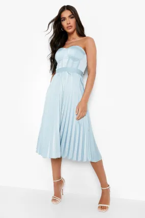 Satin Bandeau Midi Dress with Pleated Corset