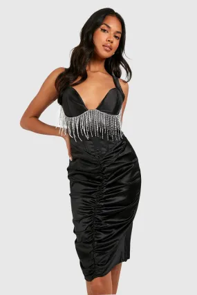 Satin Rhinestone Corset Midi Dress