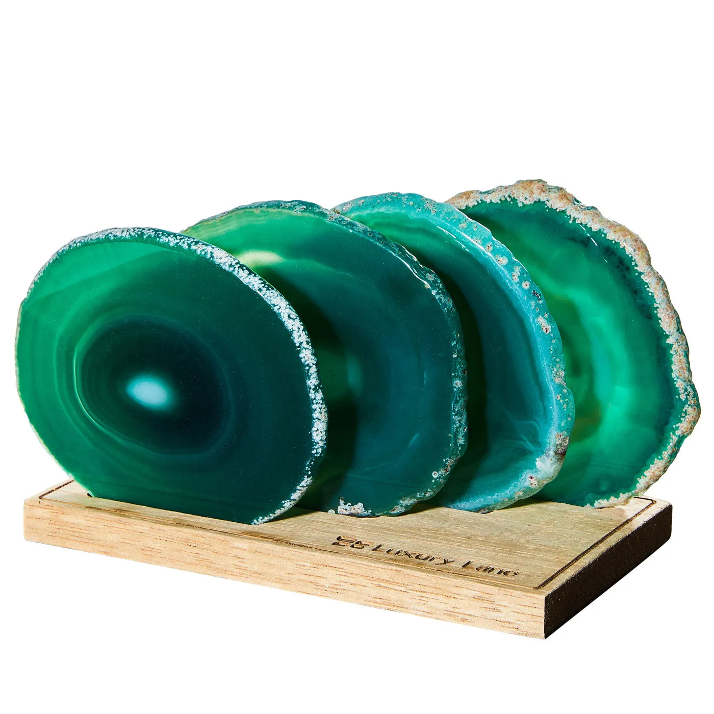 Emerald Natural Brazilian Agate Drink Coasters Set of 4 with Wood Holder