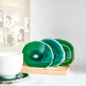 Emerald Natural Brazilian Agate Drink Coasters Set of 4 with Wood Holder