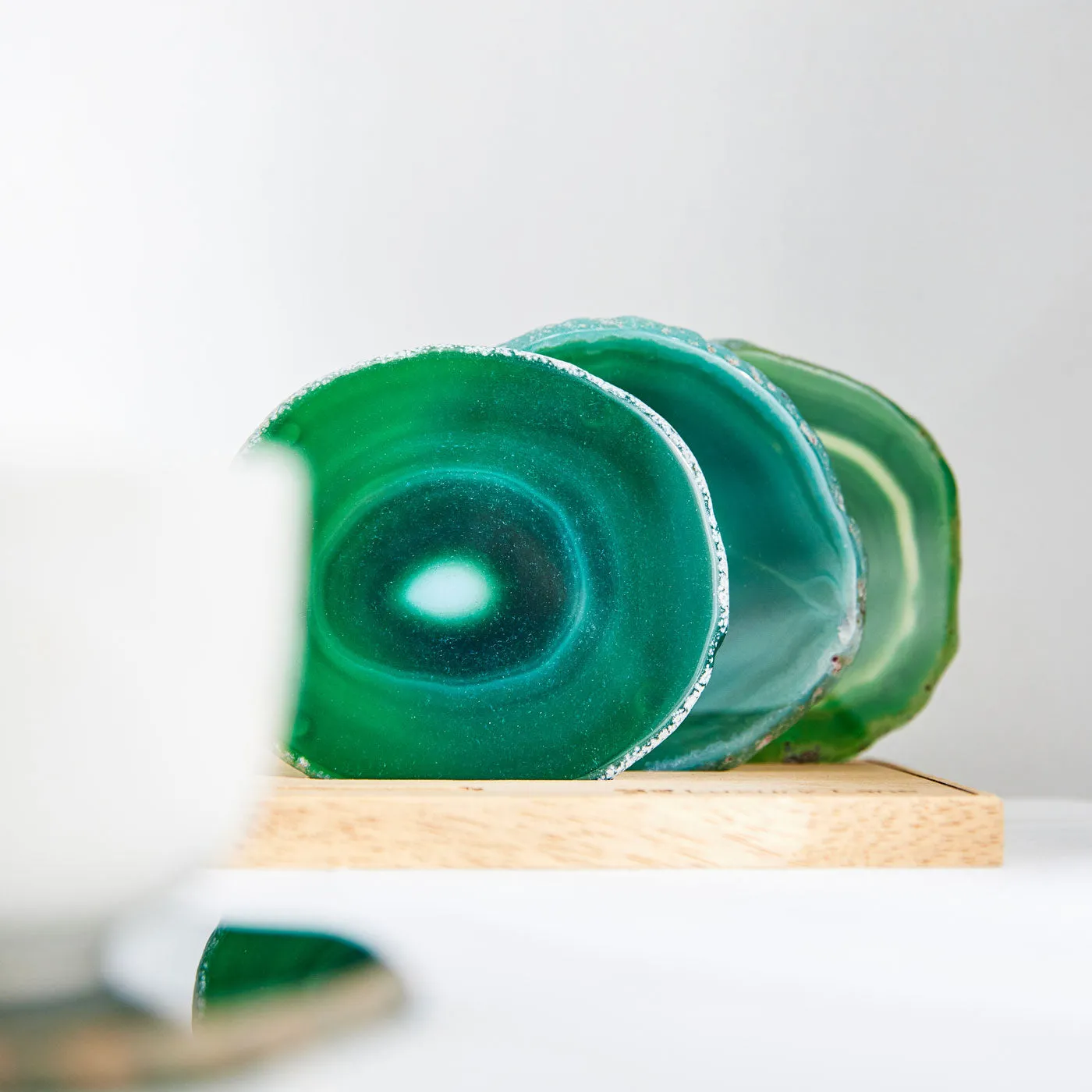 Emerald Natural Brazilian Agate Drink Coasters Set of 4 with Wood Holder