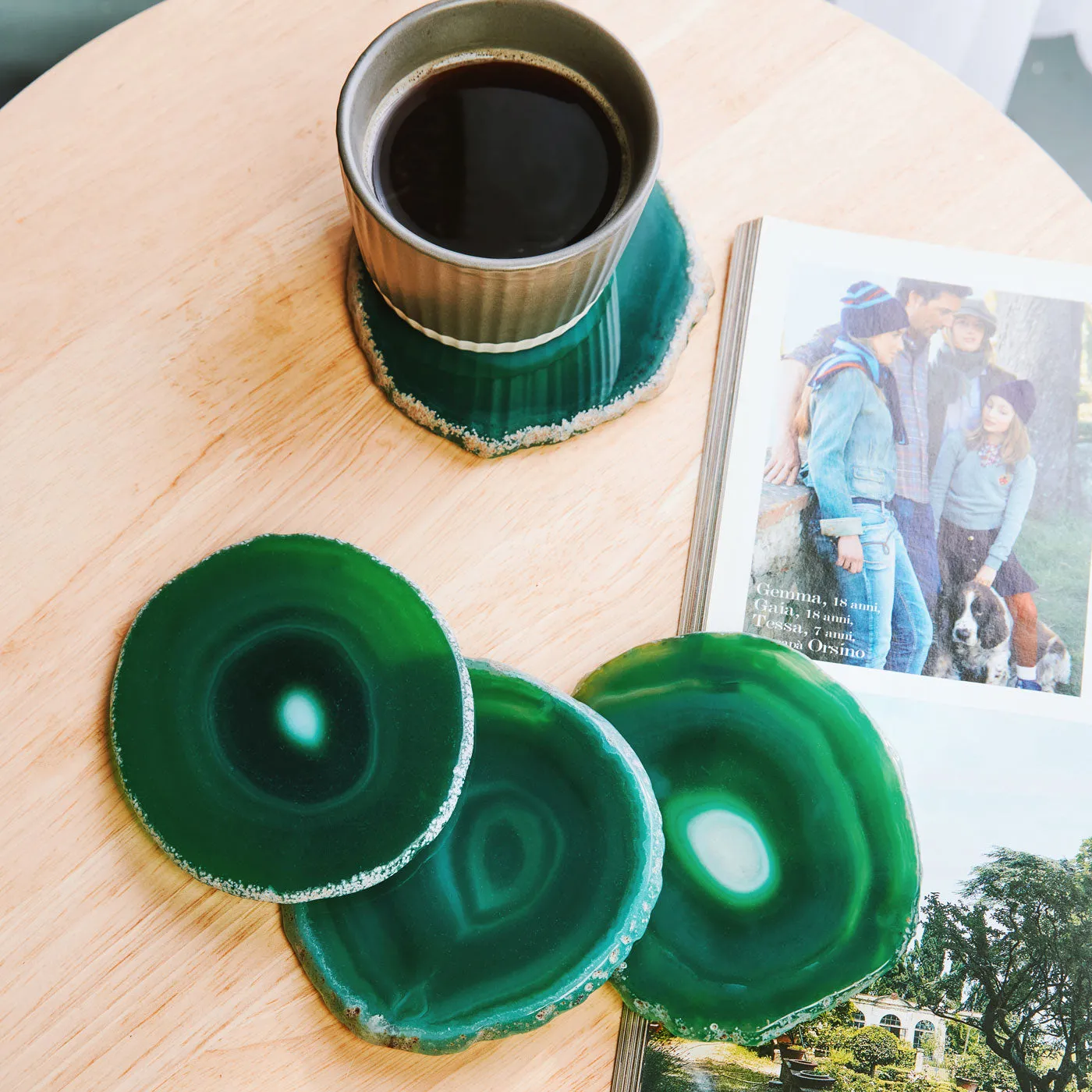 Emerald Natural Brazilian Agate Drink Coasters Set of 4 with Wood Holder