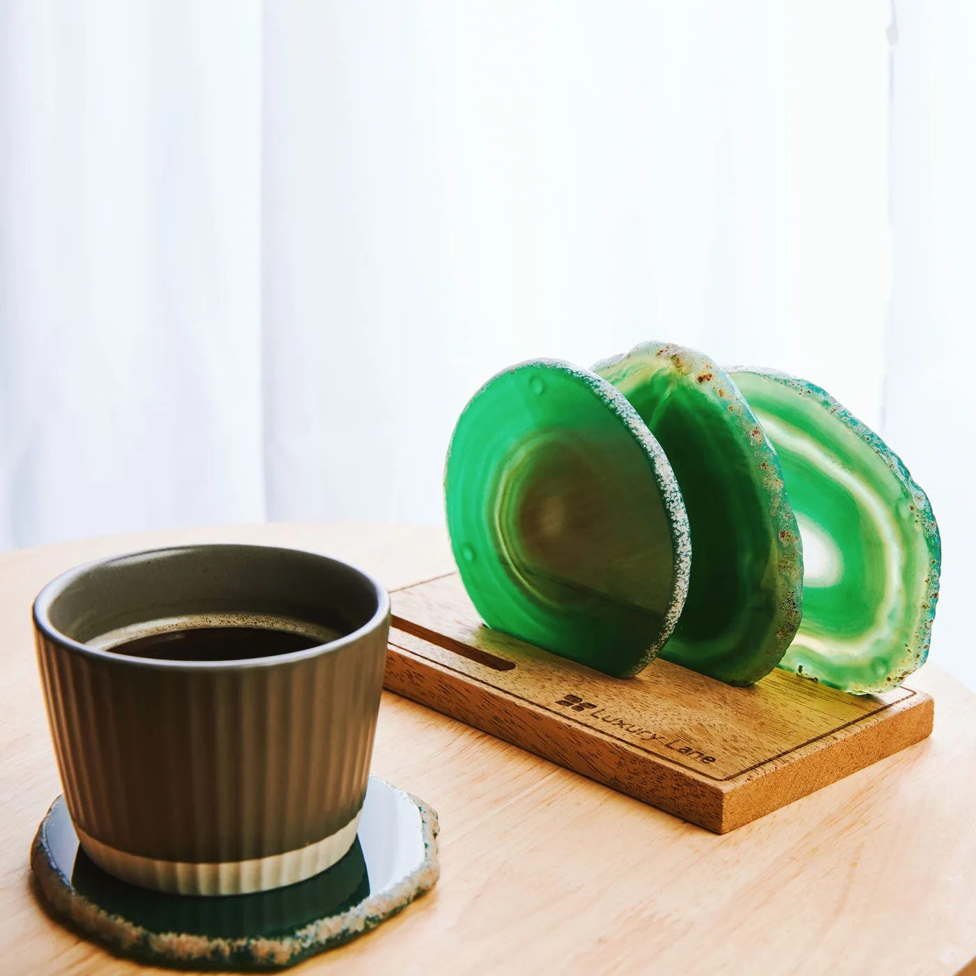 Emerald Natural Brazilian Agate Drink Coasters Set of 4 with Wood Holder