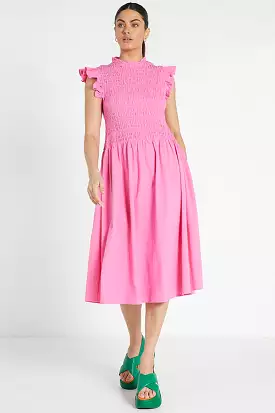 Shirred Pink Midi Dress