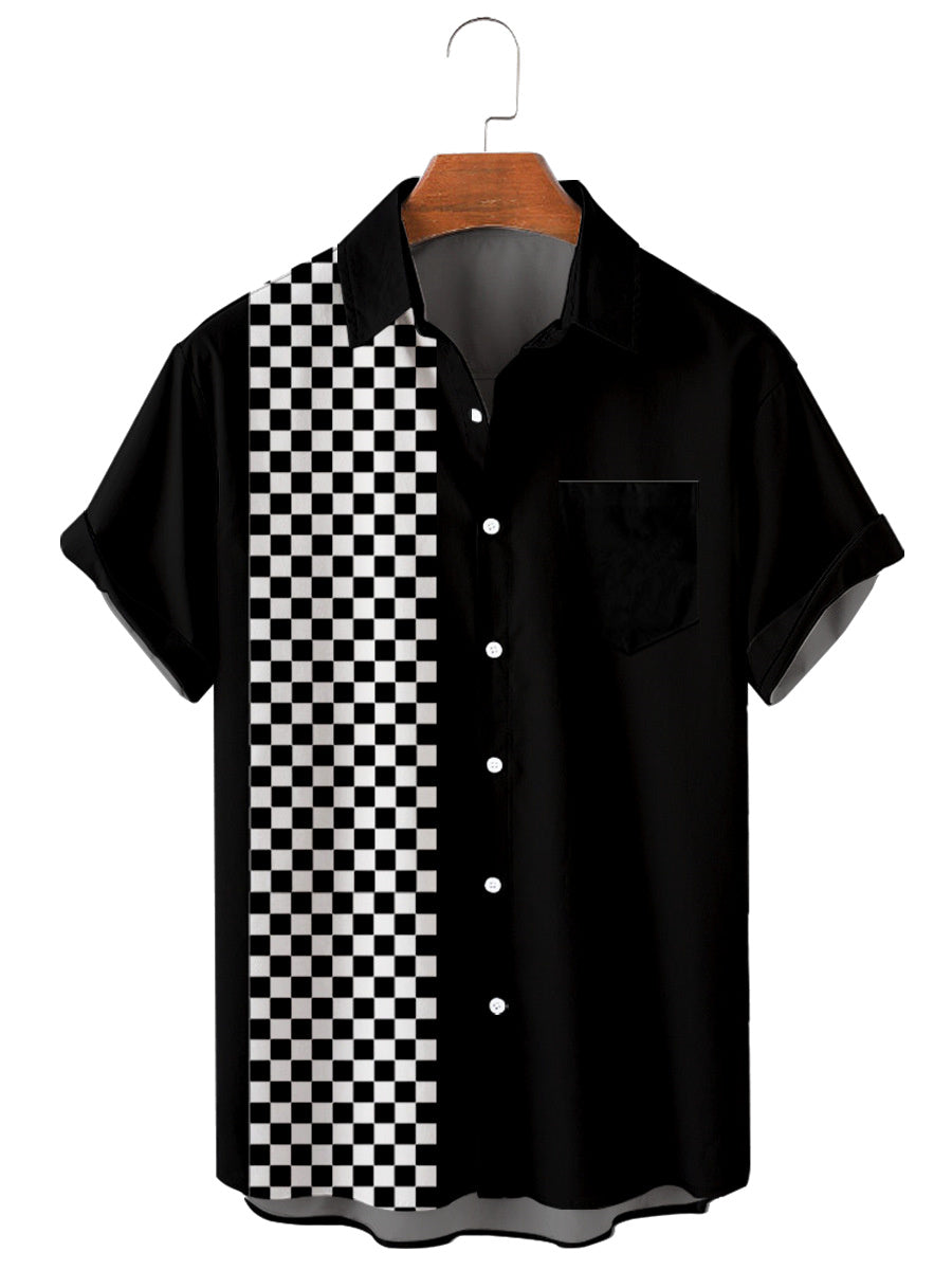 Short Sleeve Lapel Shirt Large Size Grid Stitched 3D Printed Shirt with Pockets