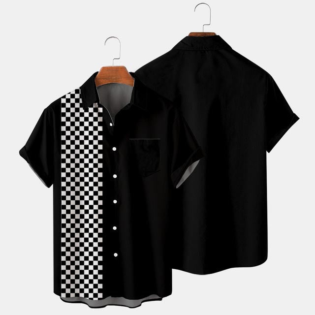 Short Sleeve Lapel Shirt Large Size Grid Stitched 3D Printed Shirt with Pockets