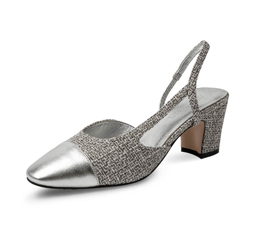 Silver two tone block heel slingback sandals.