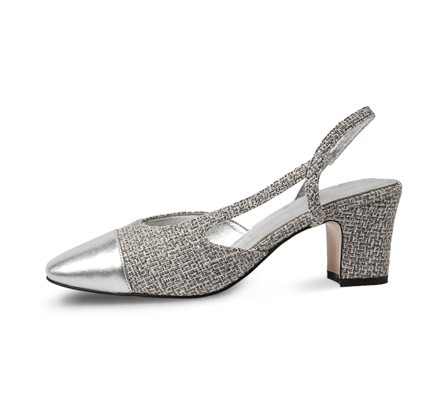 Silver two tone block heel slingback sandals.