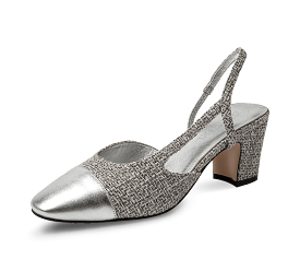 Silver two tone block heel slingback sandals.