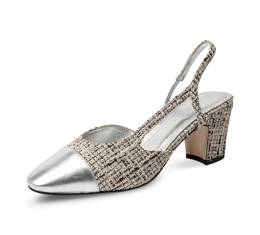 Silver two tone block heel slingback sandals.