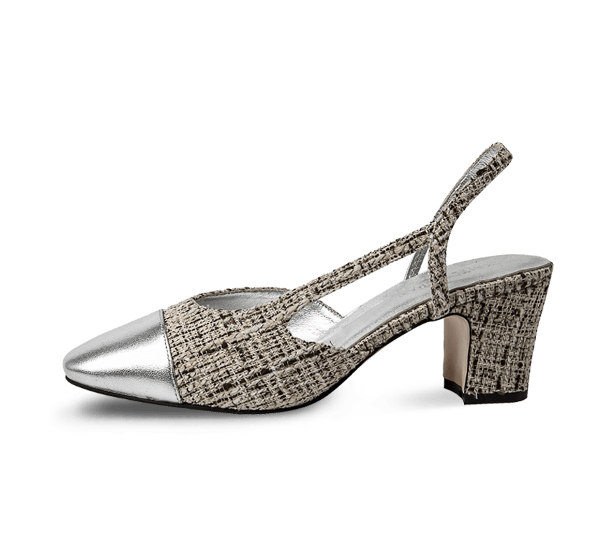 Silver two tone block heel slingback sandals.