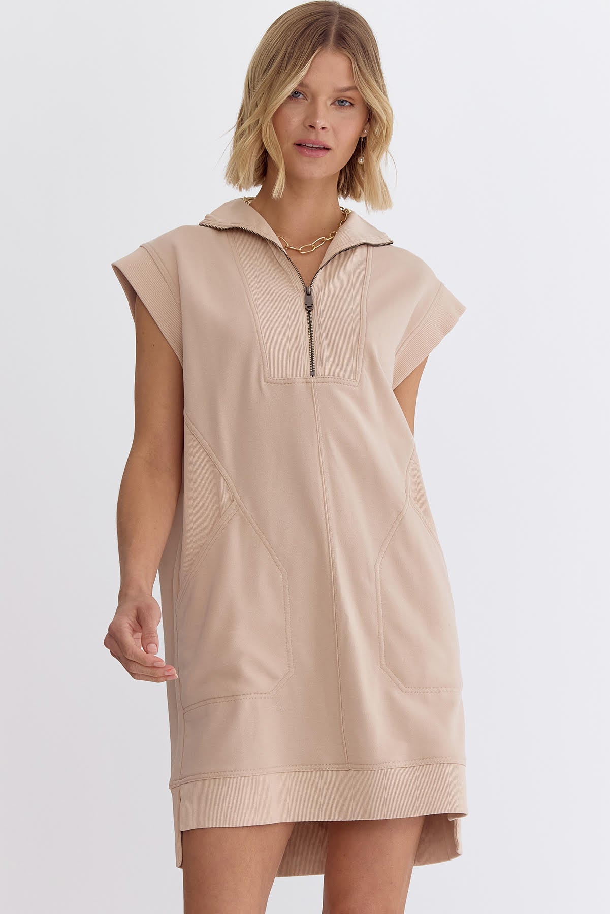 Solid Sleeveless Mock-Neck Dress with Zipper Closure