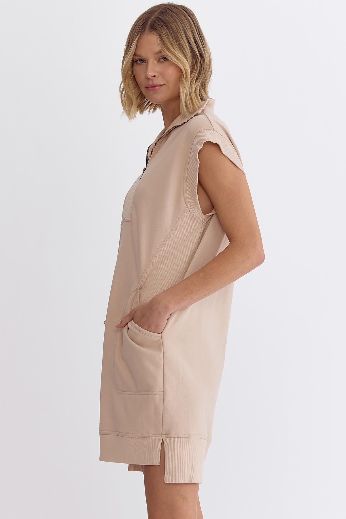 Solid Sleeveless Mock-Neck Dress with Zipper Closure