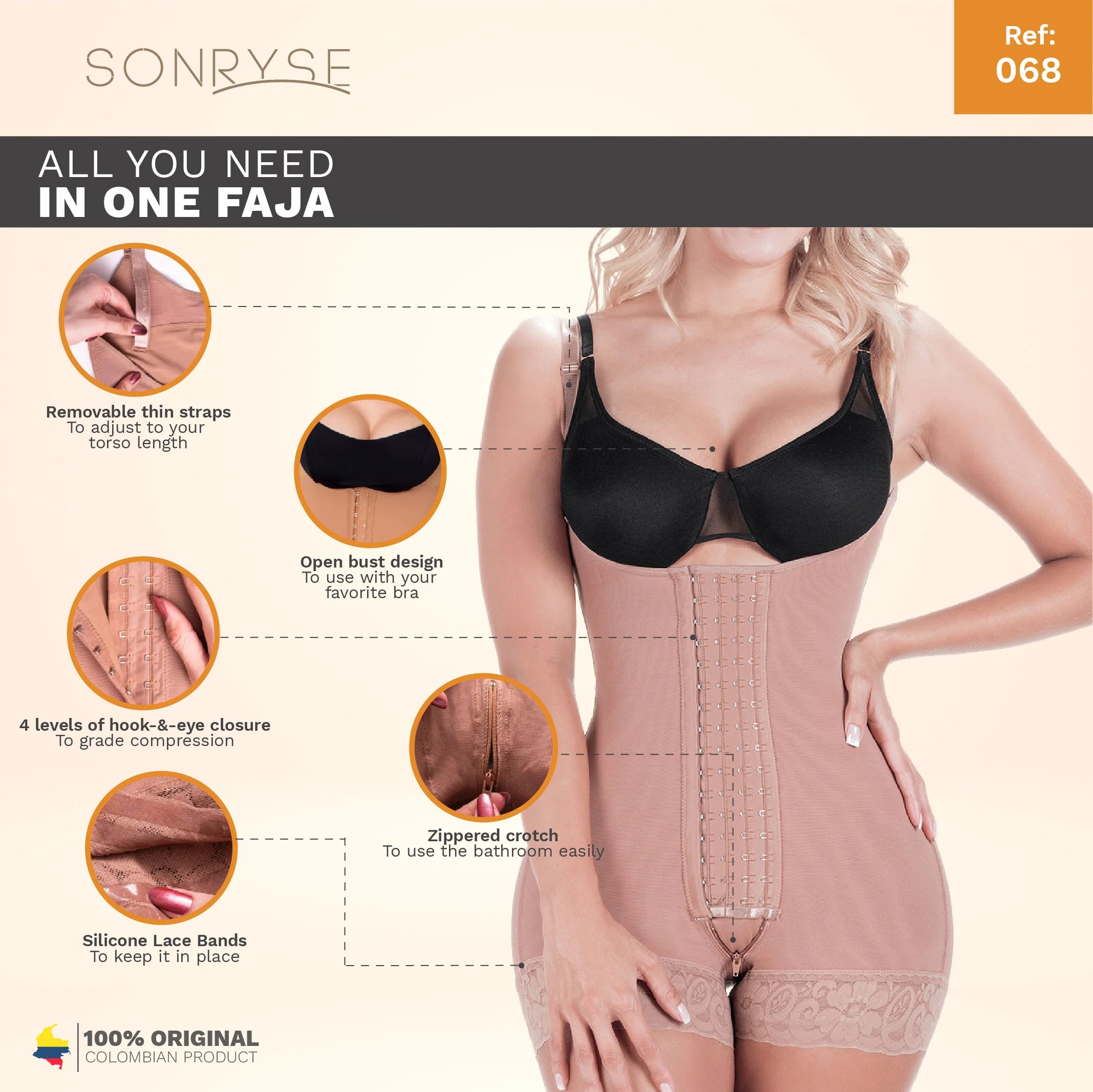 SONRYSE 068BF | Colombian Postpartum & Post Surgery Compression Garment - Open Bust Shapewear- Tummy Tuck Liposuction Bodysuit S