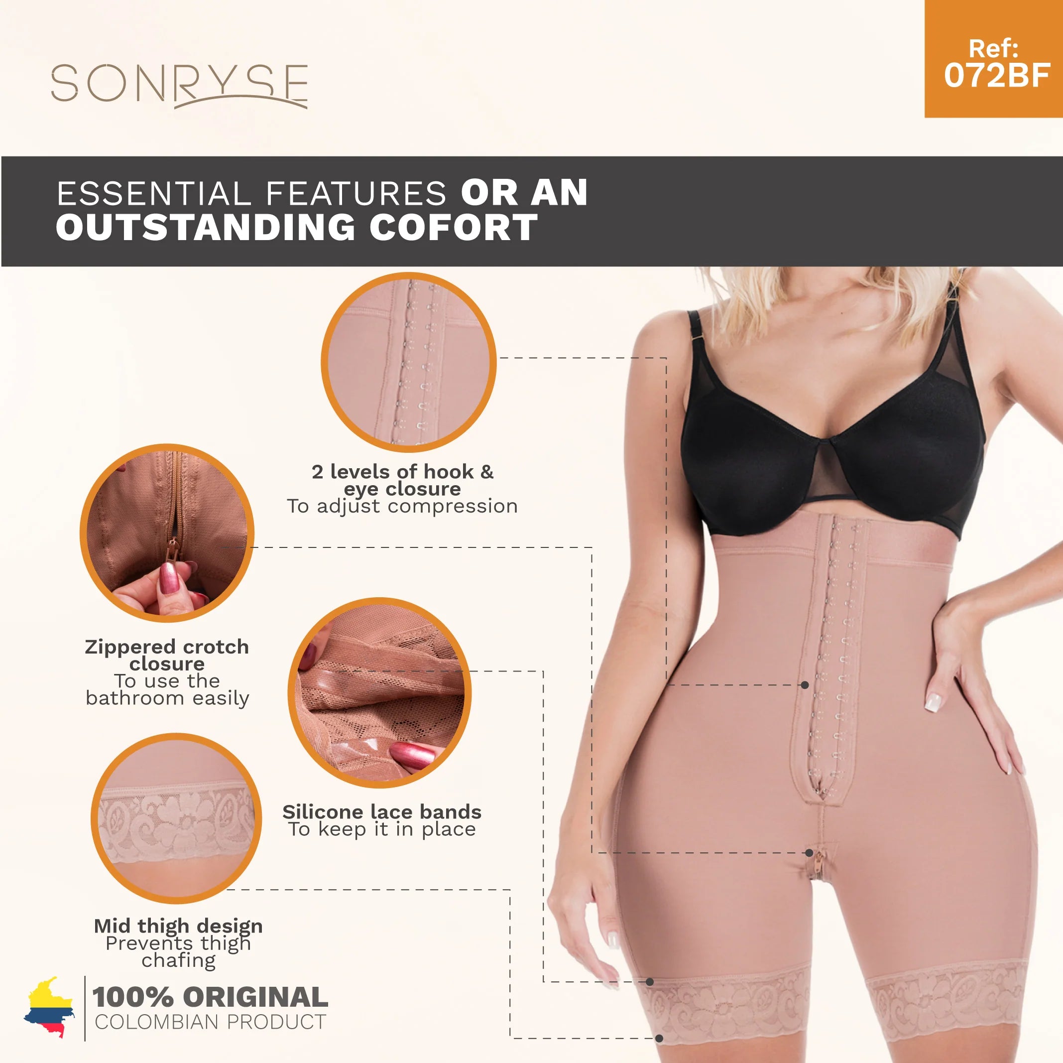 SONRYSE 072BF | Colombian Tummy Control Butt Lifting Shapewear Shorts | Daily Use | Powernet