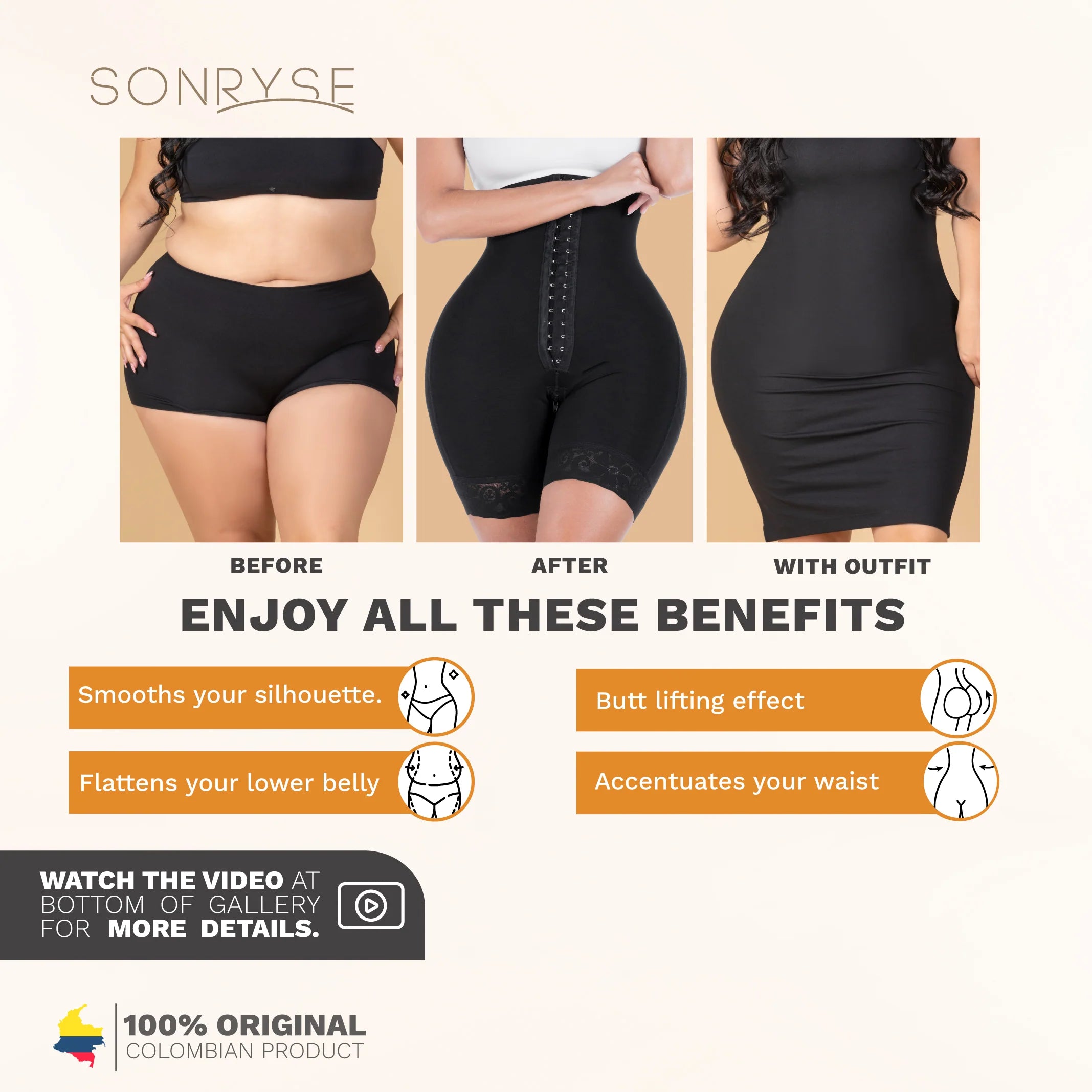 SONRYSE 072BF | Colombian Tummy Control Butt Lifting Shapewear Shorts | Daily Use | Powernet