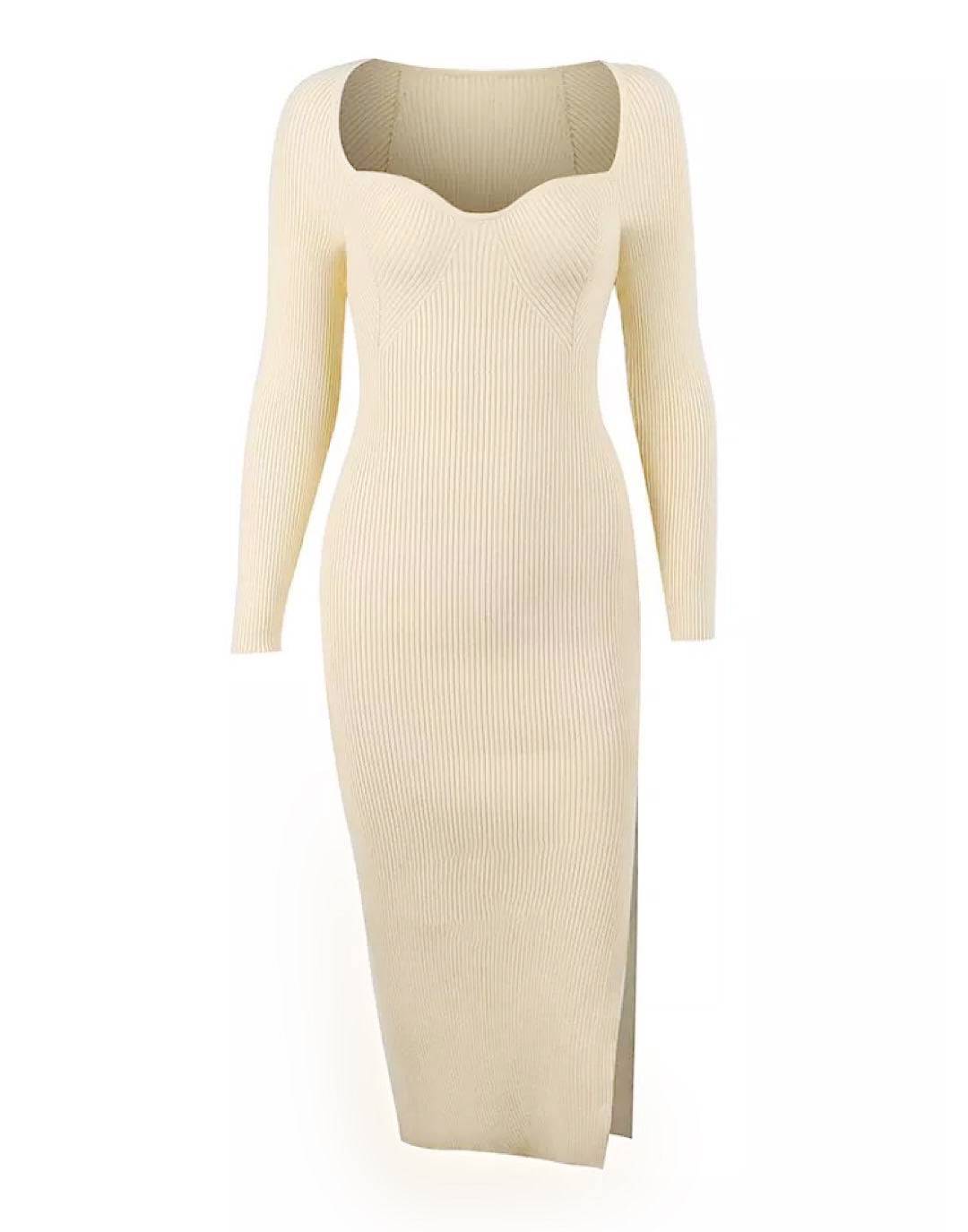 Square Neck Side Slit Knit Dress: Stylish Square Neck Dress with Side Slit in Knit Fabric