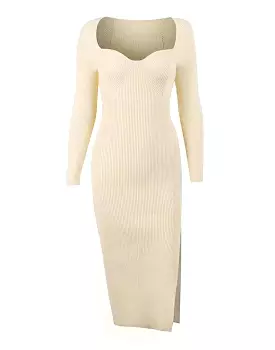 Square Neck Side Slit Knit Dress: Stylish Square Neck Dress with Side Slit in Knit Fabric