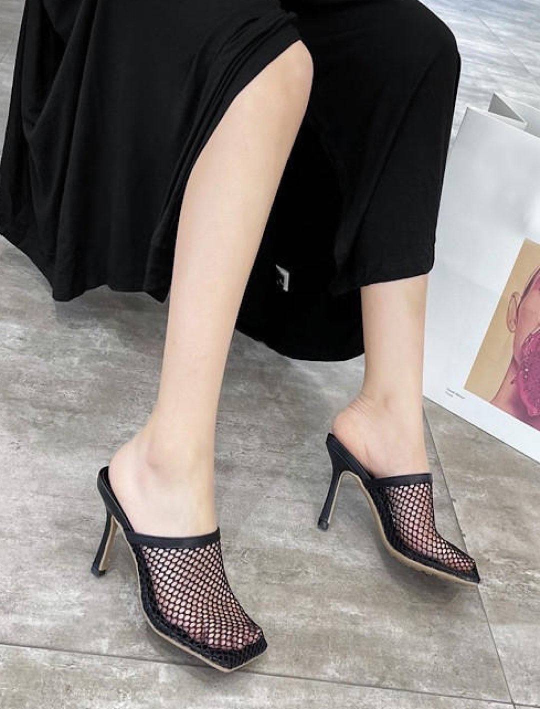 Square toe mesh sandals with heels