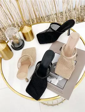 Square toe mesh sandals with heels