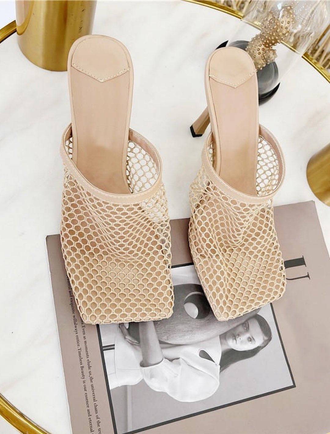 Square toe mesh sandals with heels