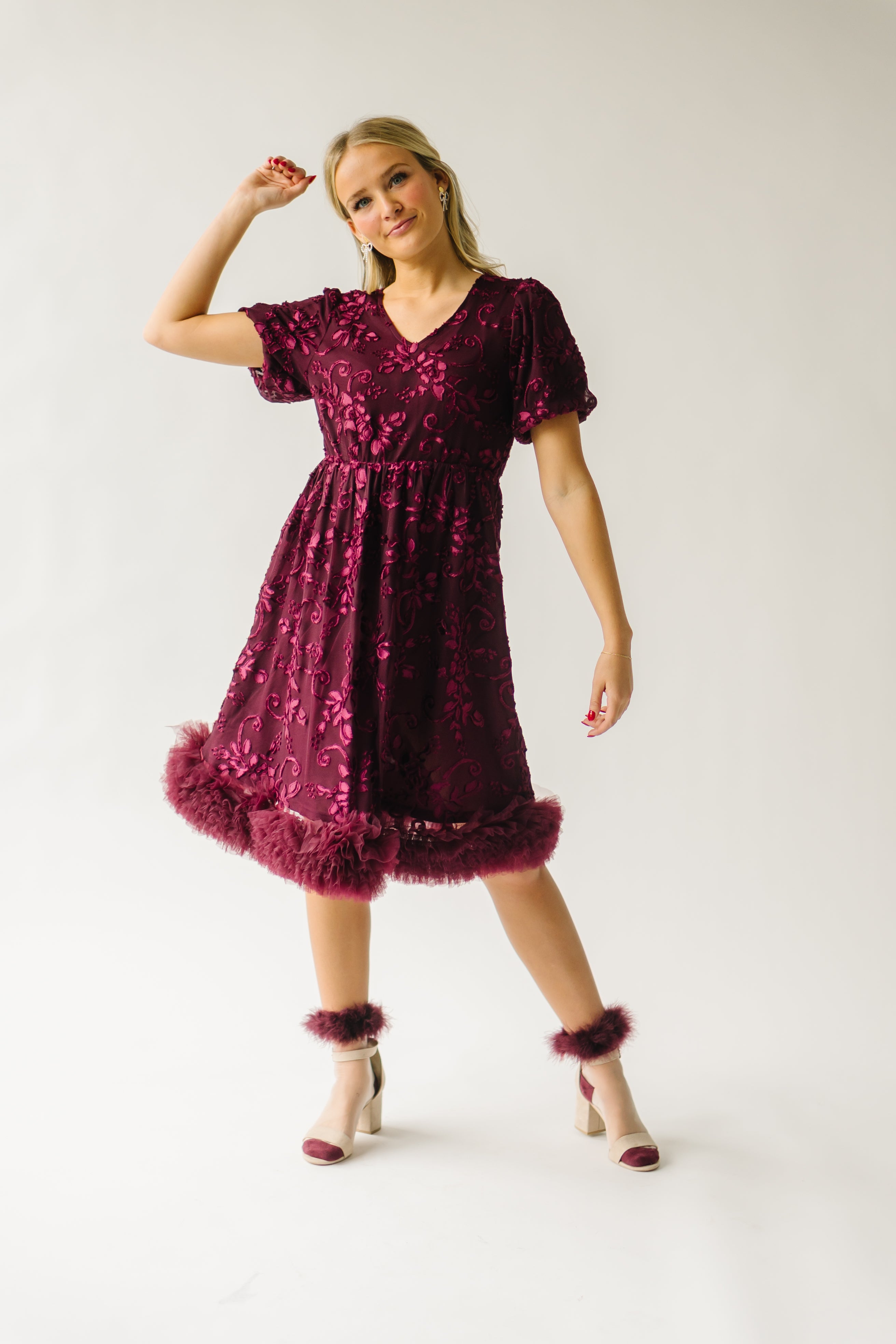 Surls Fringe Trim Dress Burgundy.