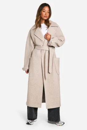 Tall Contrast Stitch Belted Wool Look Coat