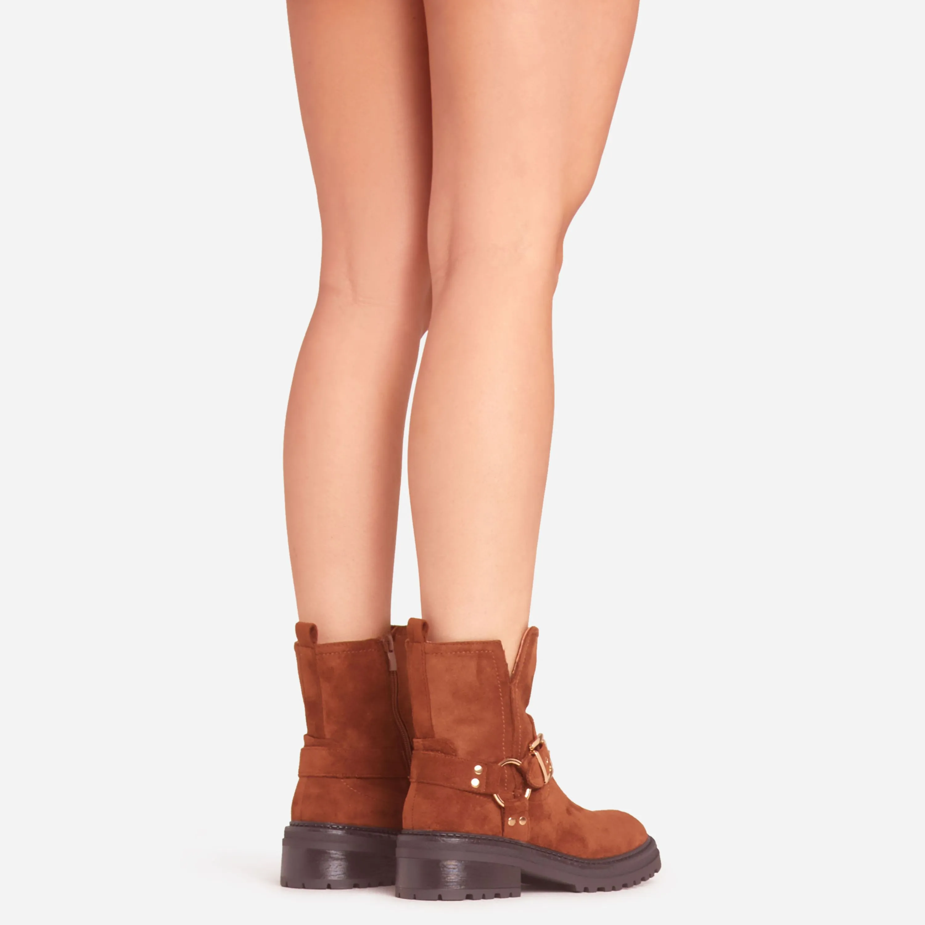 Tan Brown Faux Suede Edward Buckle Detail Chunky Sole Ankle Biker Boot