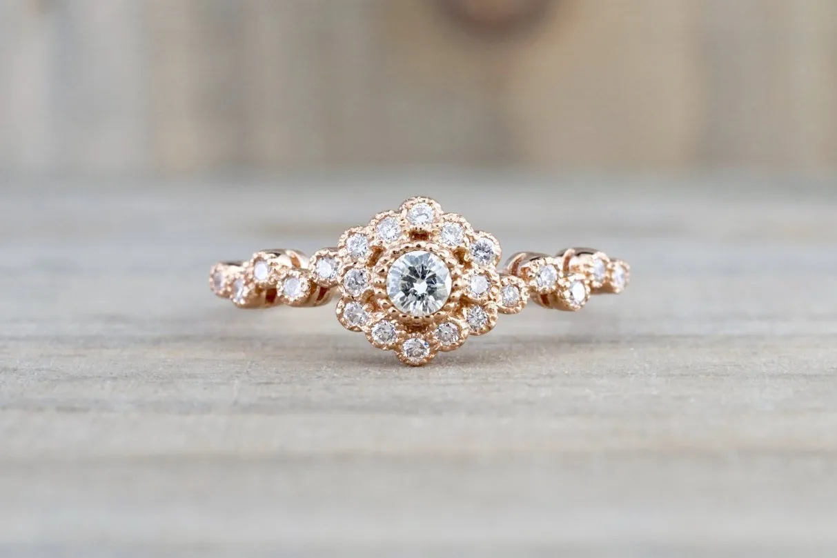 Rose Gold Diamond Engagement Ring Vintage Style 14K Vermont Wedding Band