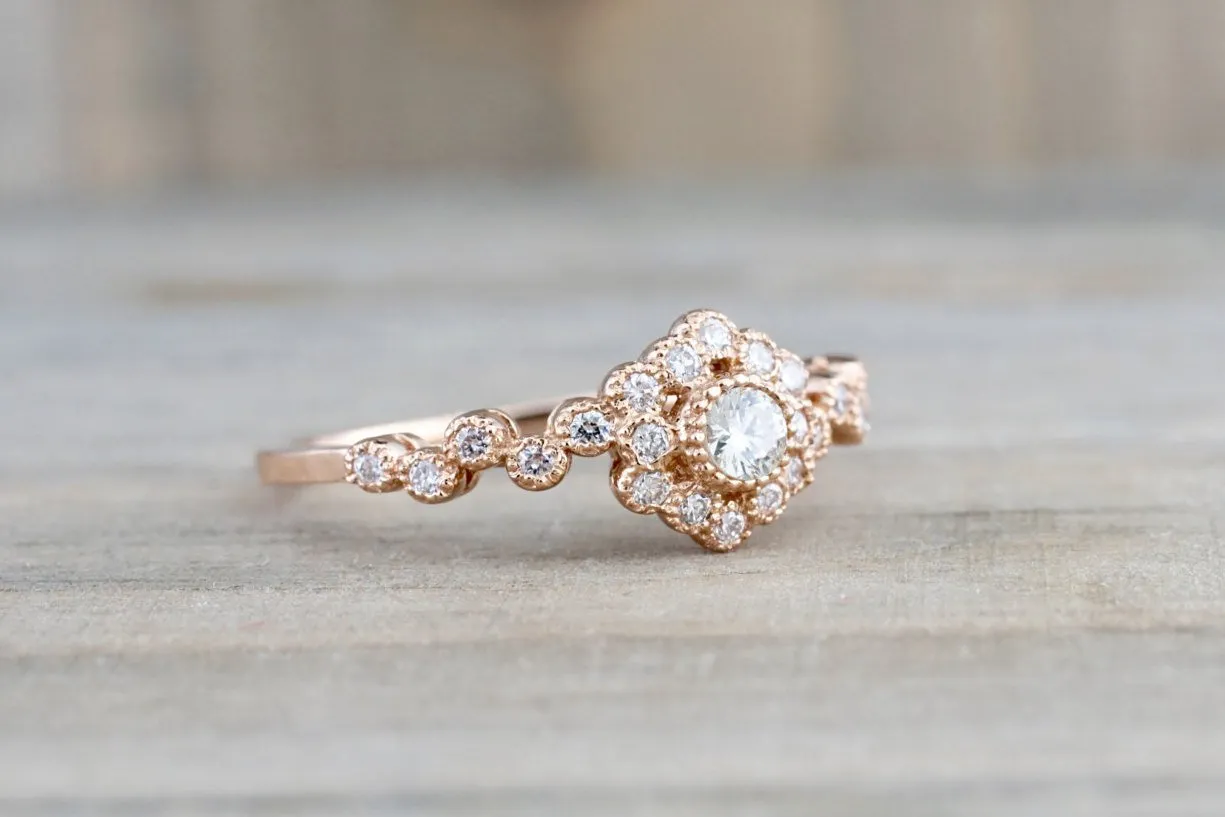 Rose Gold Diamond Engagement Ring Vintage Style 14K Vermont Wedding Band