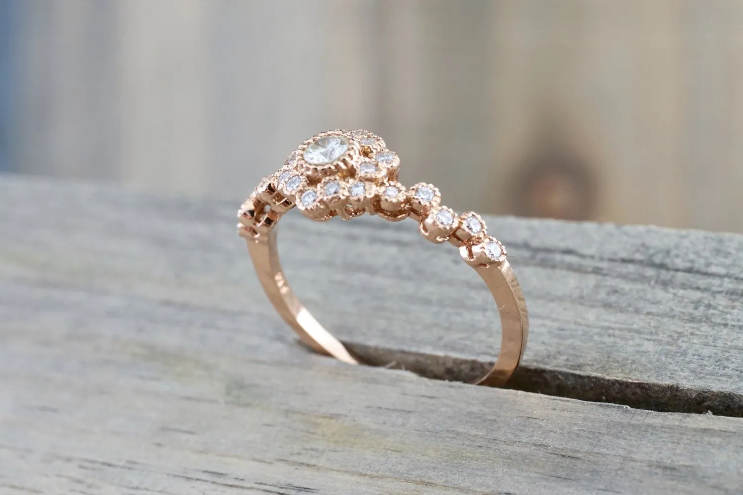 Rose Gold Diamond Engagement Ring Vintage Style 14K Vermont Wedding Band