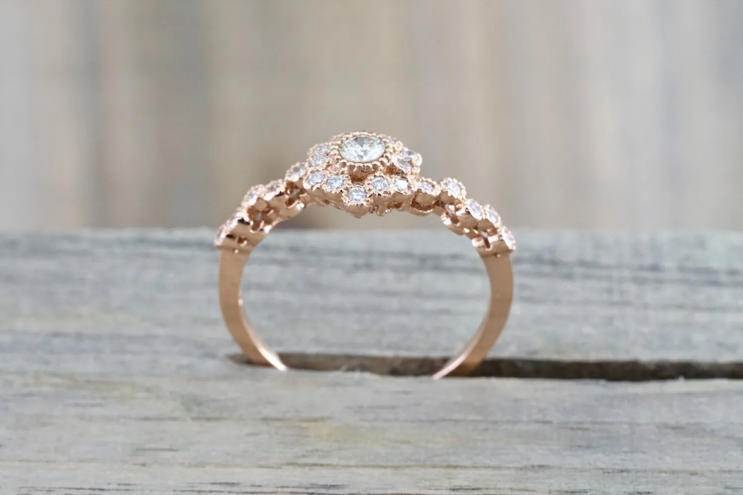 Rose Gold Diamond Engagement Ring Vintage Style 14K Vermont Wedding Band