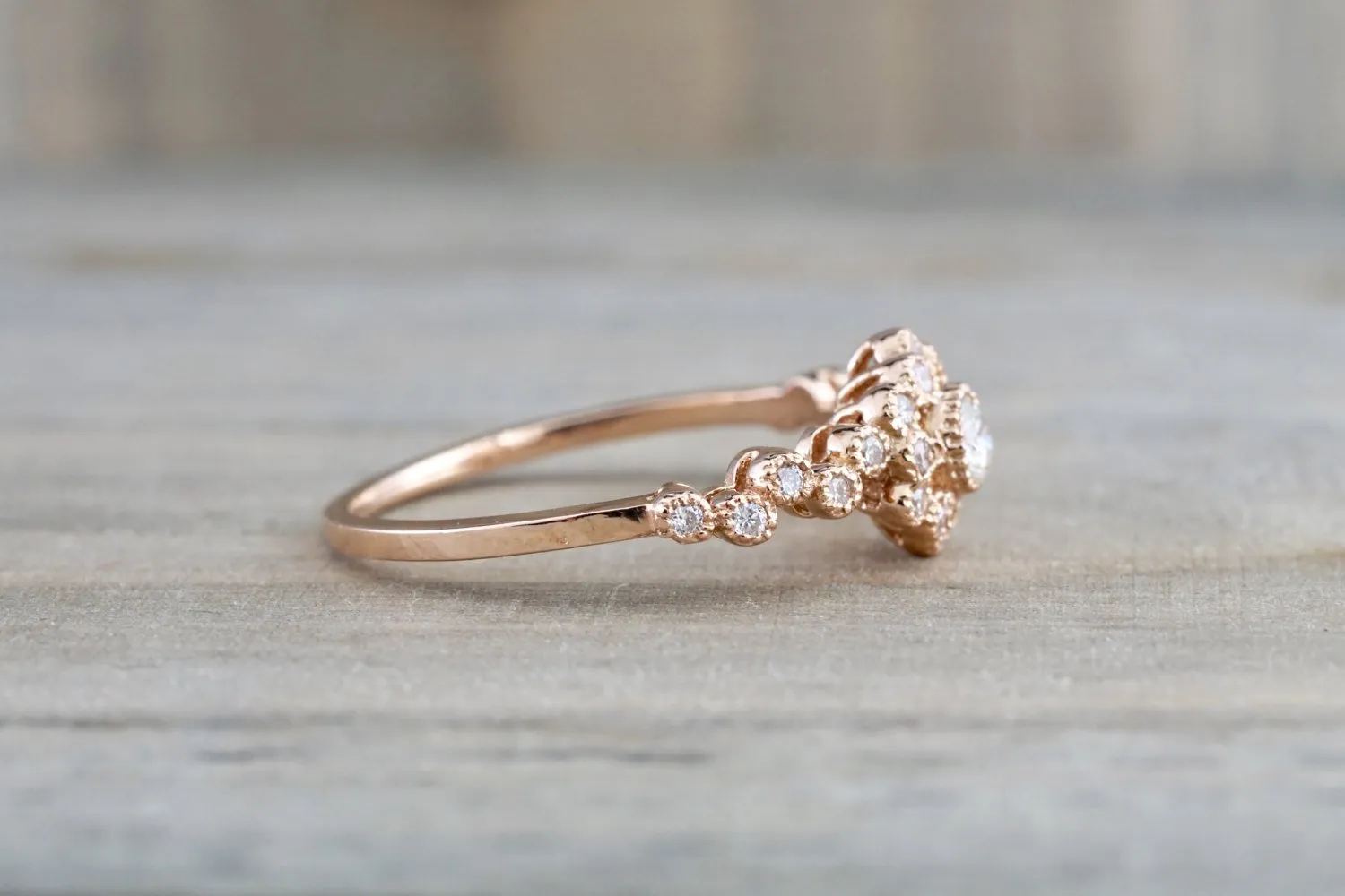 Rose Gold Diamond Engagement Ring Vintage Style 14K Vermont Wedding Band