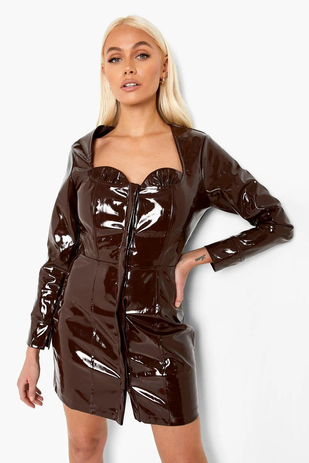 Vinyl Mini Dress with Interest Neckline Corset