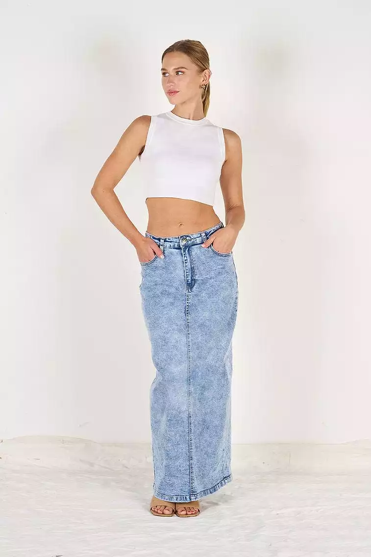 Wakee Denim Maxi Skirt - Acid Washed Denim