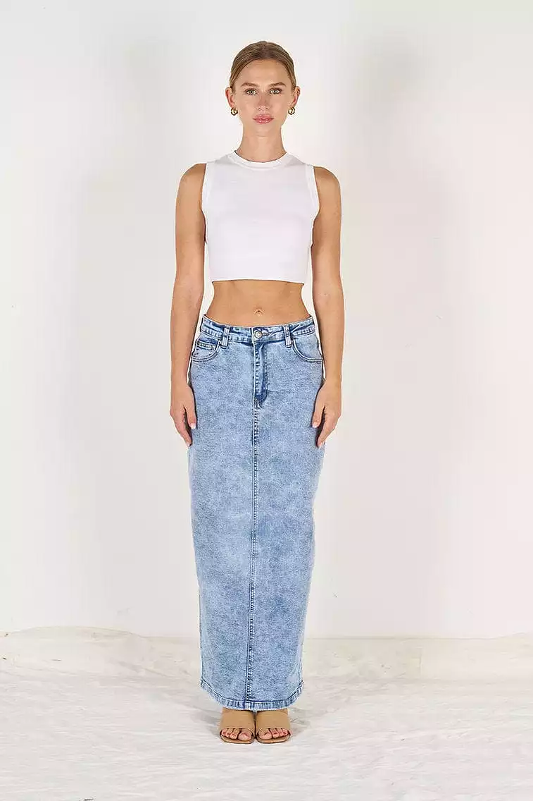 Wakee Denim Maxi Skirt - Acid Washed Denim