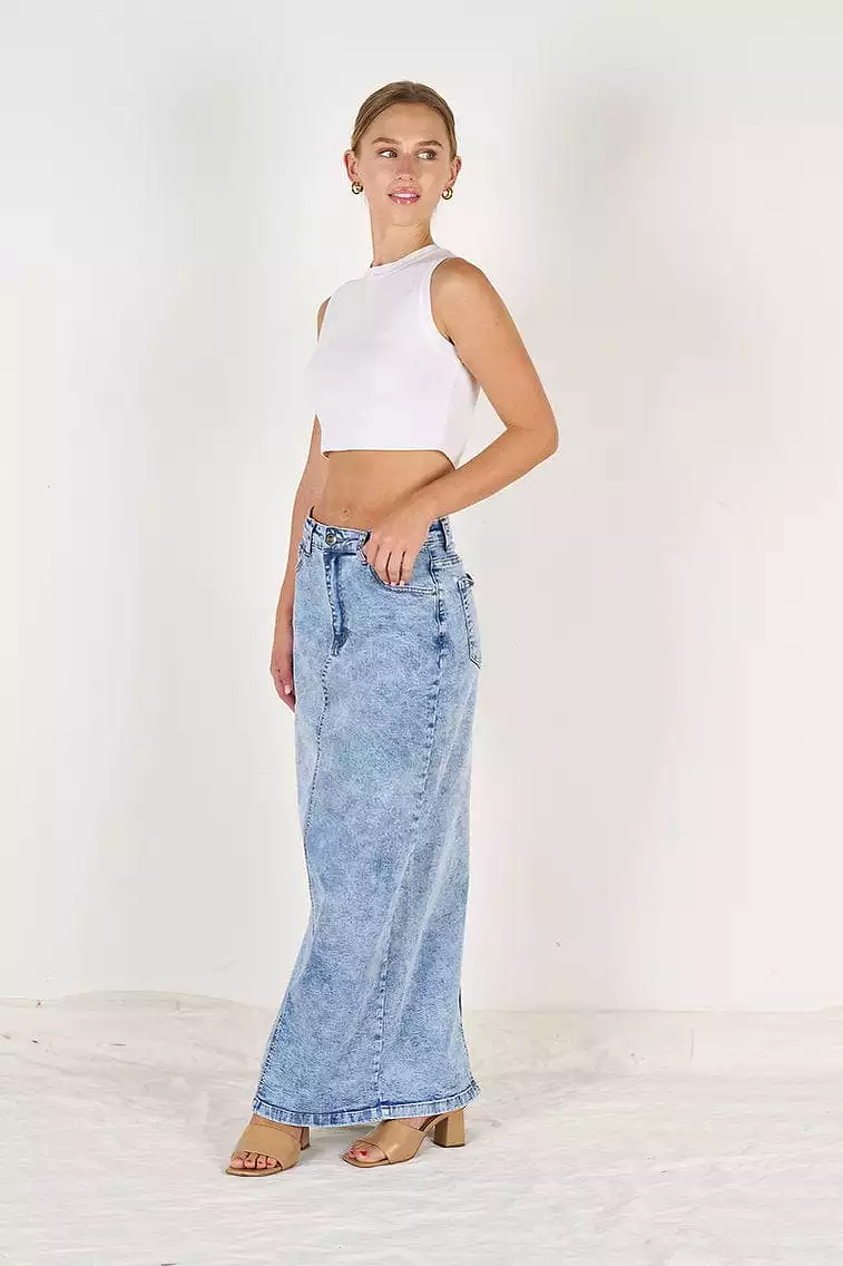 Wakee Denim Maxi Skirt - Acid Washed Denim