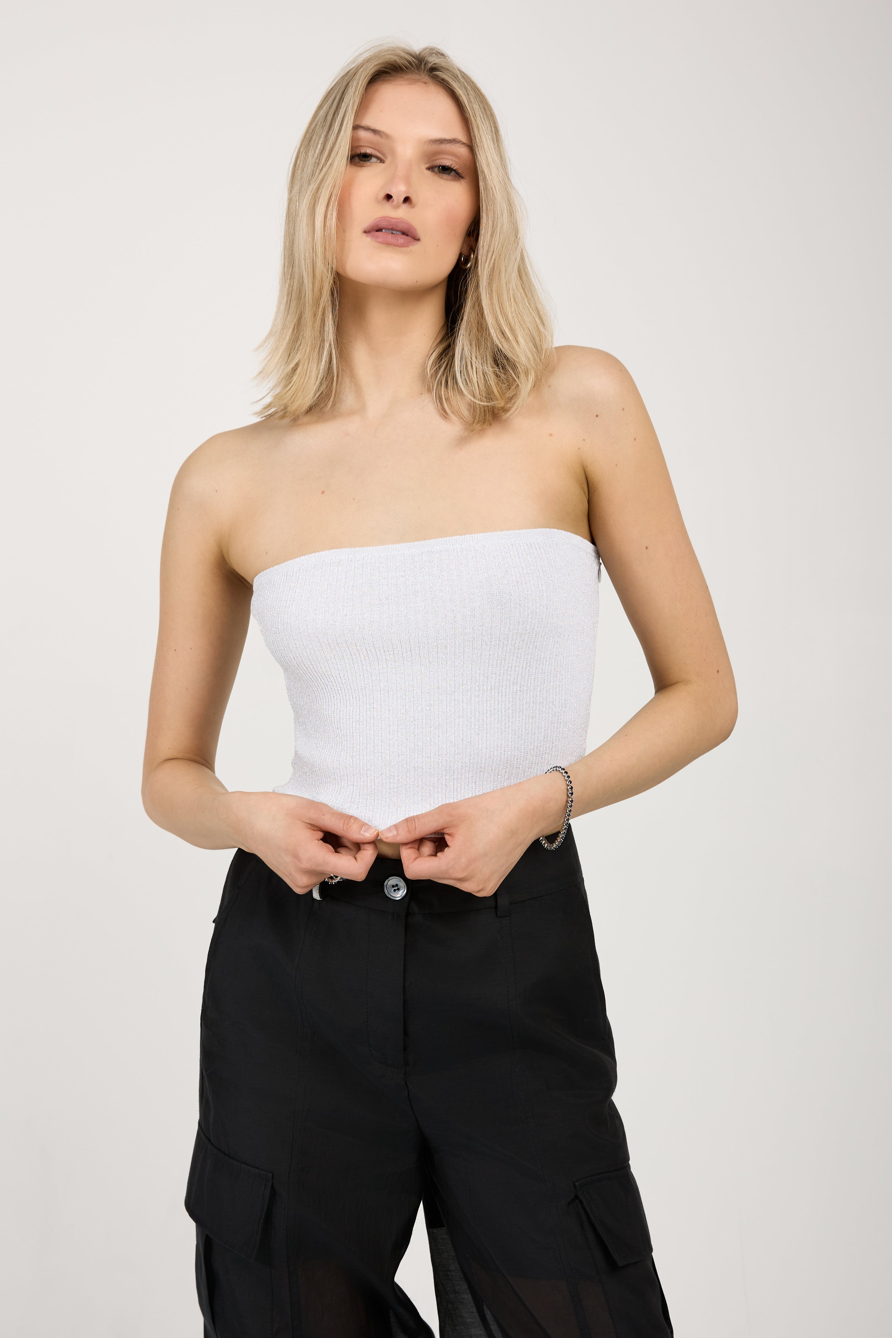 White Cotton Knit Bustier Top Silver Lurex